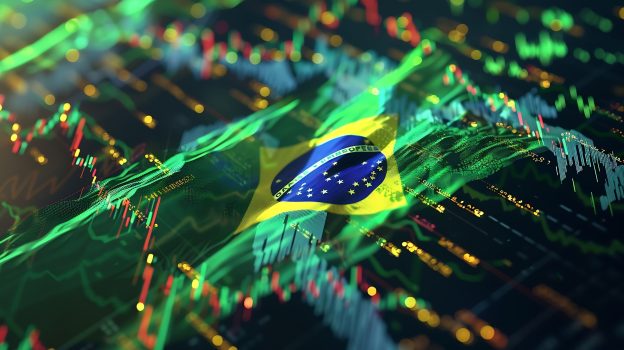 Taxa Selic e economia brasileira representadas por gráfico financeiro sobre a bandeira do Brasil