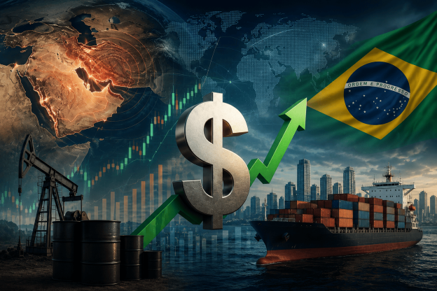 Impacto do dólar na economia brasileira representado por gráfico de alta, bandeira do Brasil, petróleo e comércio internacional