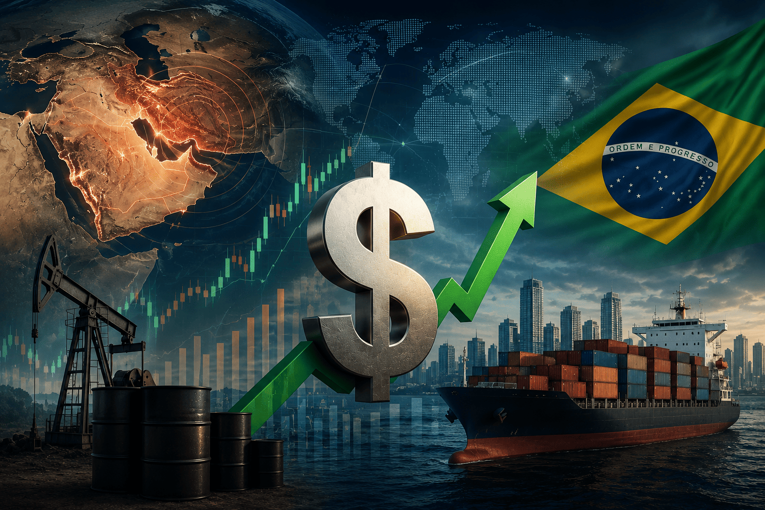 Impacto do dólar na economia brasileira representado por gráfico de alta, bandeira do Brasil, petróleo e comércio internacional