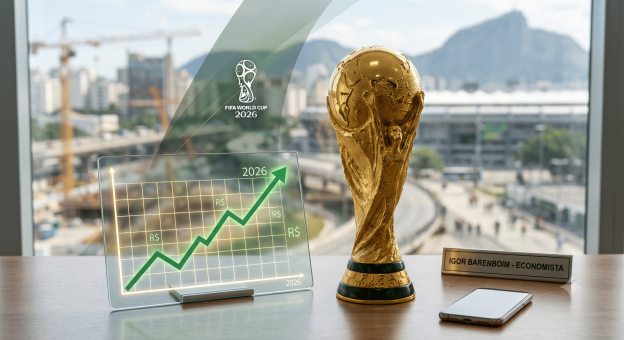 Taça da Copa do Mundo ao lado de um gráfico transparente com seta verde em ascensão, ilustrando o impacto econômico da Copa do Mundo.