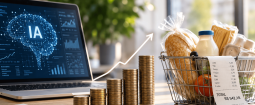 Investimento em IA representado por um notebook com inteligência artificial, pilhas de moedas em crescimento e uma cesta de compras, ilustrando como o investimento em IA pode pressionar a inflação no curto prazo.