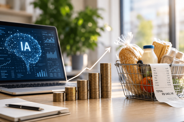 Investimento em IA representado por um notebook com inteligência artificial, pilhas de moedas em crescimento e uma cesta de compras, ilustrando como o investimento em IA pode pressionar a inflação no curto prazo.